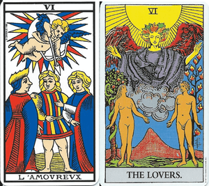 Tarot de Marseille et Rider Waite Smith Tarot, l'Amoureux / the Lovers